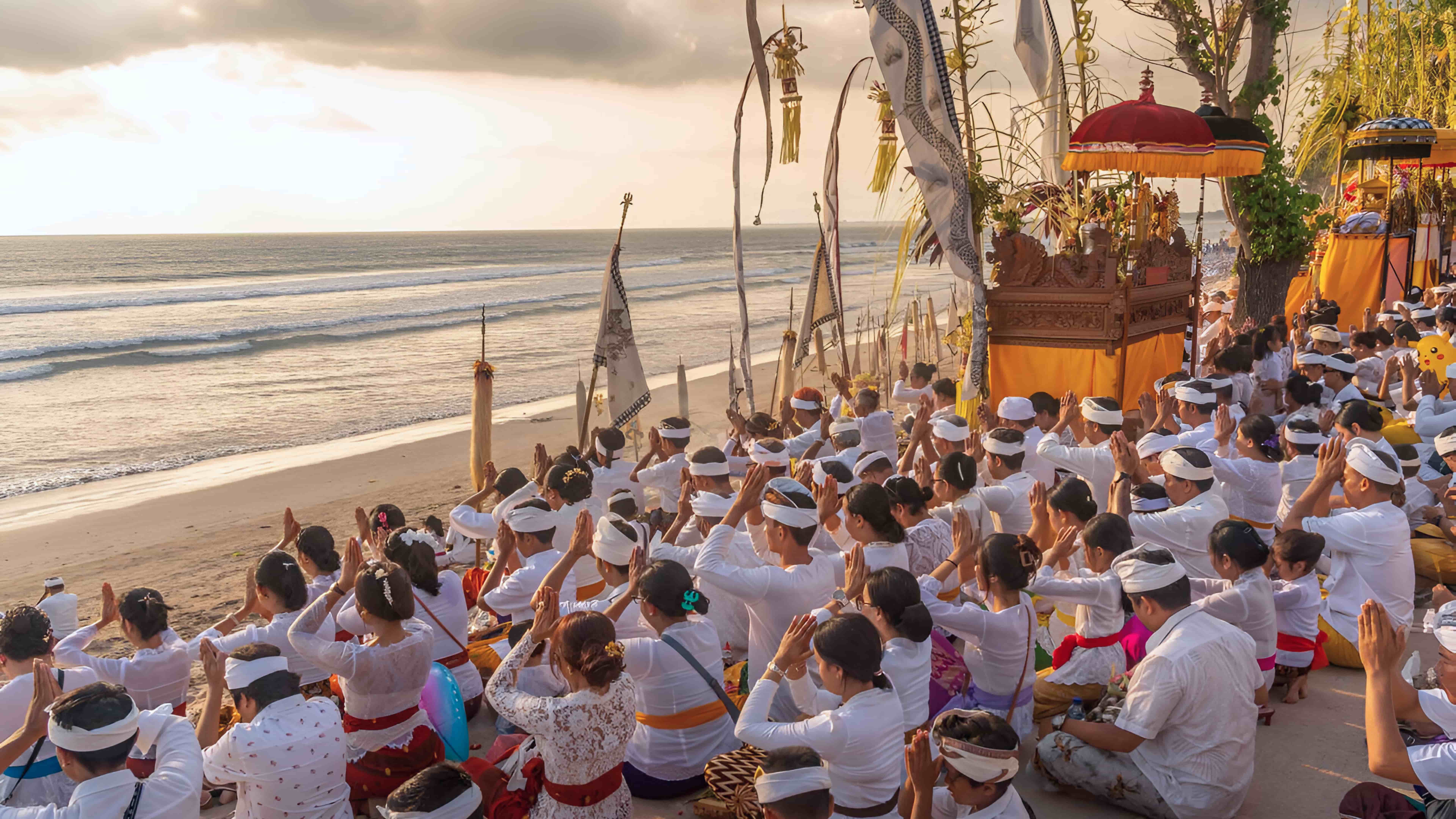 People praying on Kuta Beach for Nyepi in Bali People praying on Kuta Beach for Nyepi in Bali